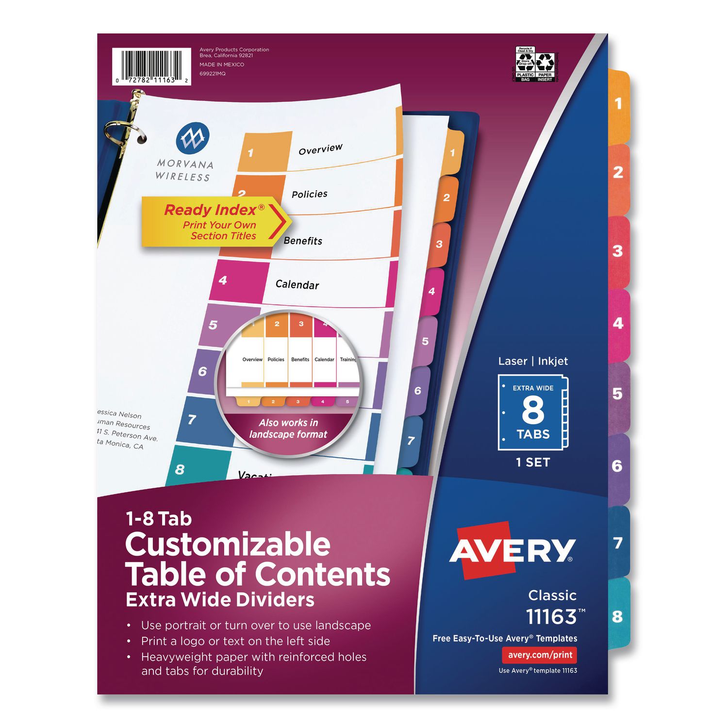 Customizable TOC Ready Index Multicolor Tab Dividers, Extra Wide Tabs, 8-Tab, 1 to 8, 11 x 9.25, White, 1 Set