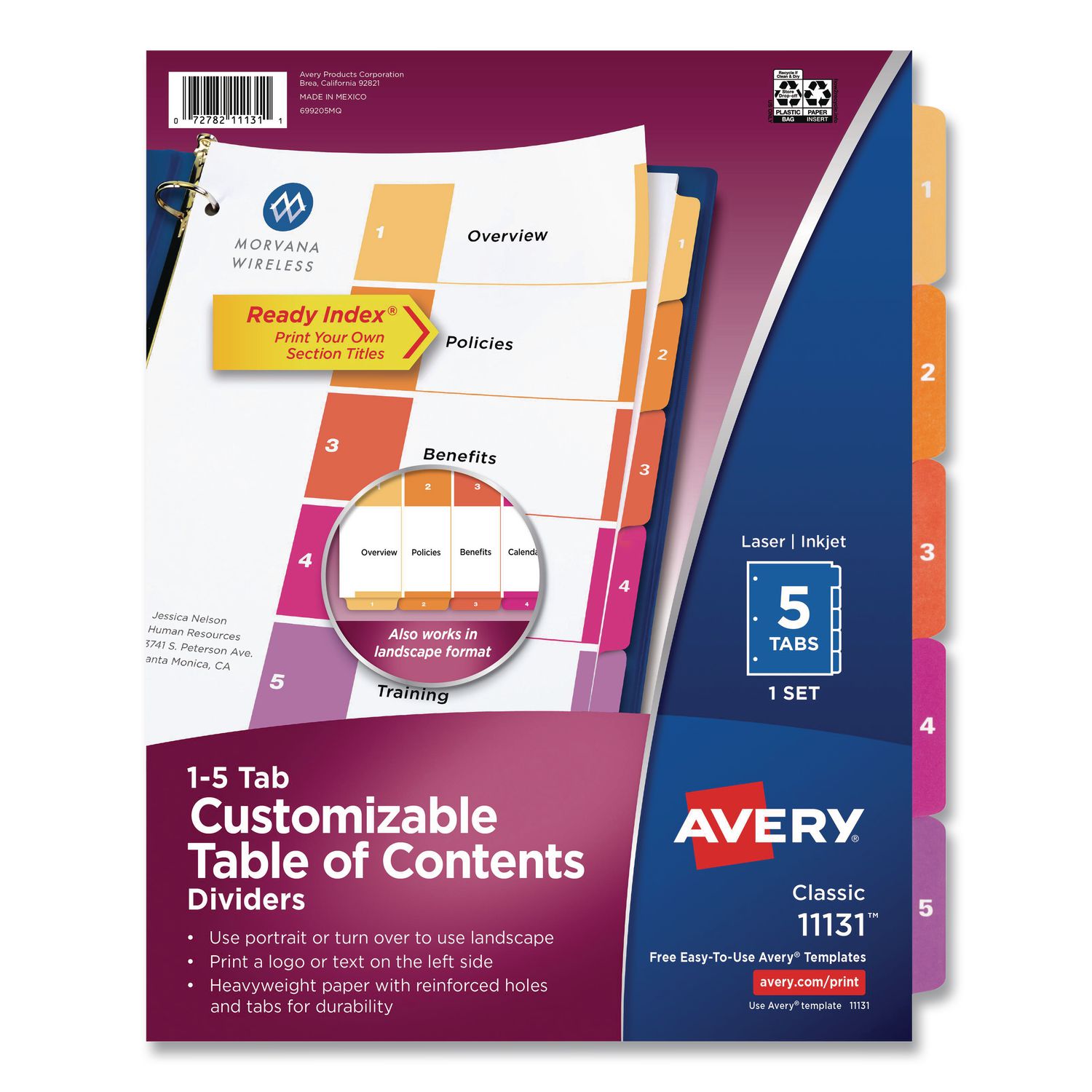 Customizable TOC Ready Index Multicolor Tab Dividers, 5-Tab, 1 to 5, 11 x 8.5, White, Traditional Color Tabs, 1 Set