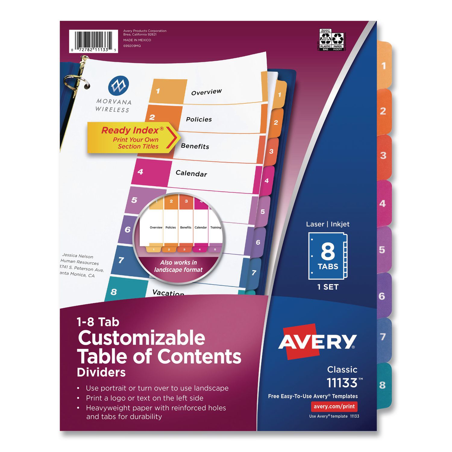 Customizable TOC Ready Index Multicolor Tab Dividers, 8-Tab, 1 to 8, 11 x 8.5, White, Traditional Color Tabs, 1 Set
