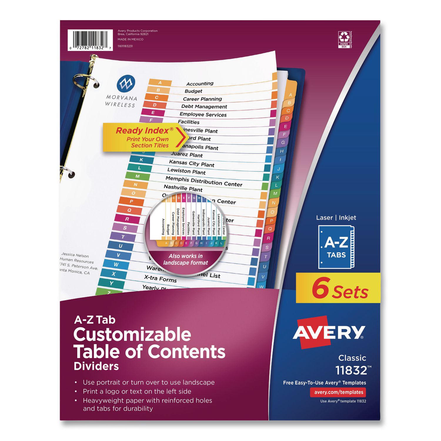 Customizable Table of Contents Ready Index Multicolor Dividers, 26-Tab, A to Z, 11 x 8.5, White, 6 Sets