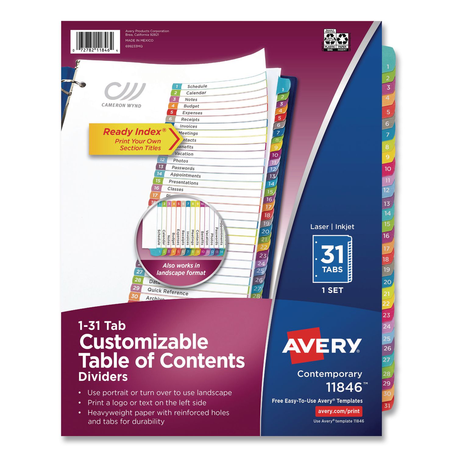 Customizable TOC Ready Index Multicolor Tab Dividers, 31-Tab, 1 to 31, 11 x 8.5, White, Contemporary Color Tabs, 1 Set