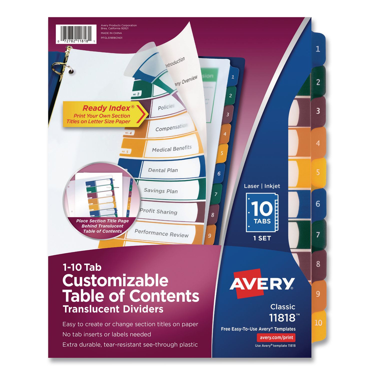 Customizable Table of Contents Ready Index Dividers with Multicolor Tabs, 10-Tab, 1 to 10, 11 x 8.5, Translucent, 1 Set