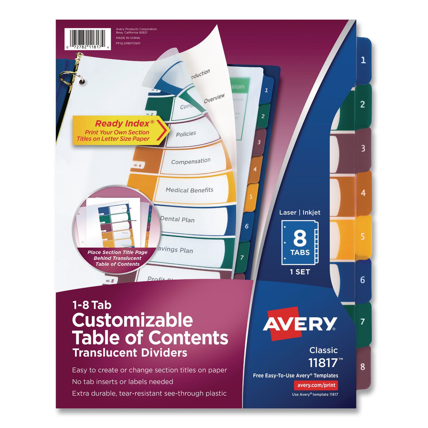Customizable Table of Contents Ready Index Dividers with Multicolor Tabs, 8-Tab, 1 to 8, 11 x 8.5, Translucent, 1 Set