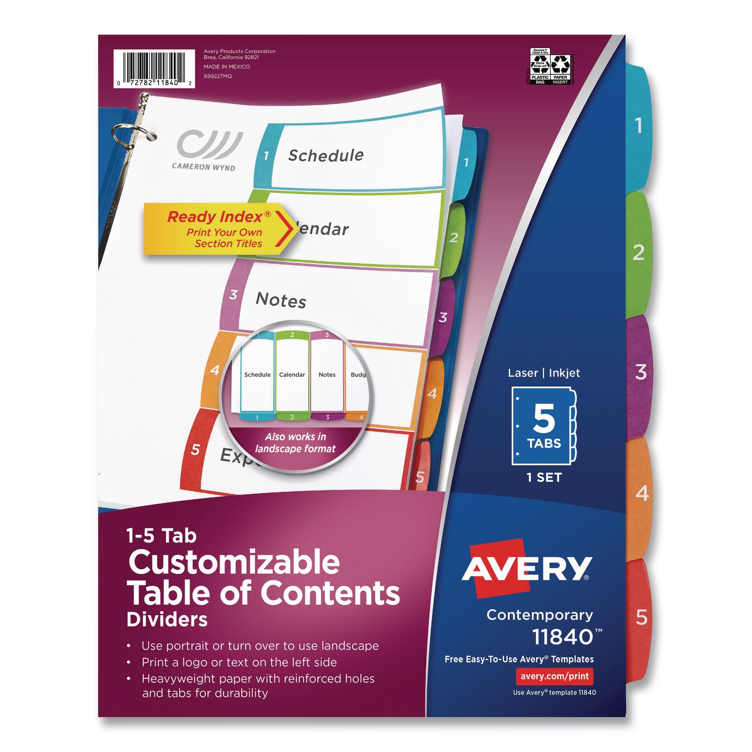 Customizable TOC Ready Index Multicolor Tab Dividers, 5-Tab, 1 to 5, 11 x 8.5, White, Contemporary Color Tabs, 1 Set
