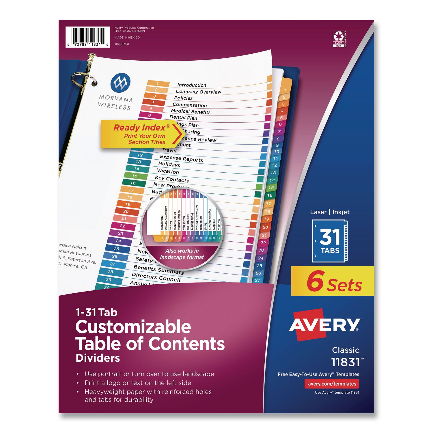 Customizable Table of Contents Ready Index Multicolor Dividers, 31-Tab, 1 to 31, 11 x 8.5, White, 6 Sets