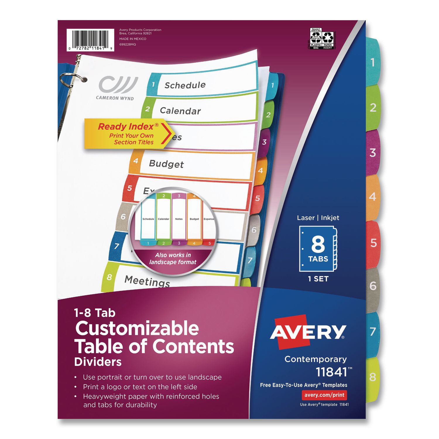 Customizable TOC Ready Index Multicolor Tab Dividers, 8-Tab, 1 to 8, 11 x 8.5, White, Contemporary Color Tabs, 1 Set