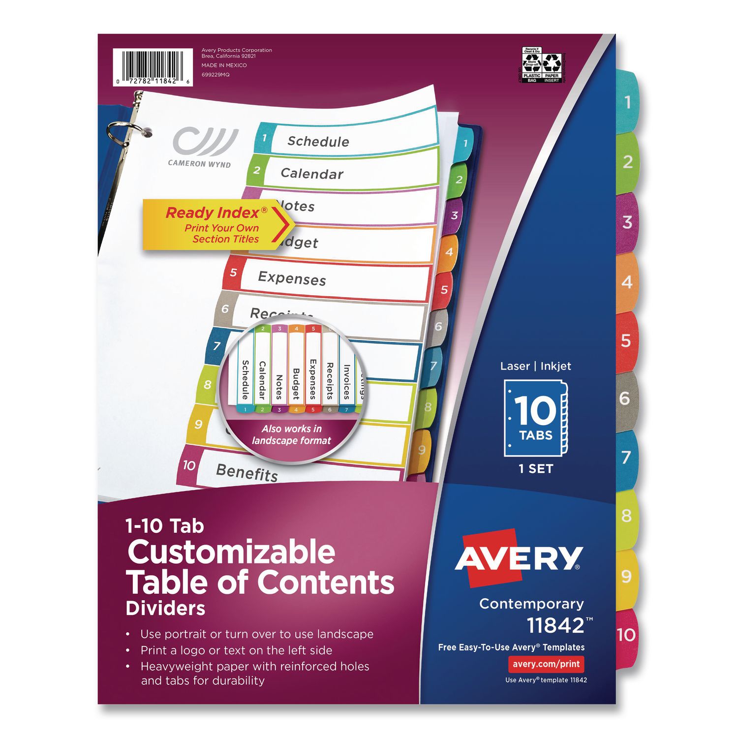 Customizable TOC Ready Index Multicolor Tab Dividers, 10-Tab, 1 to 10, 11 x 8.5, White, Contemporary Color Tabs, 1 Set
