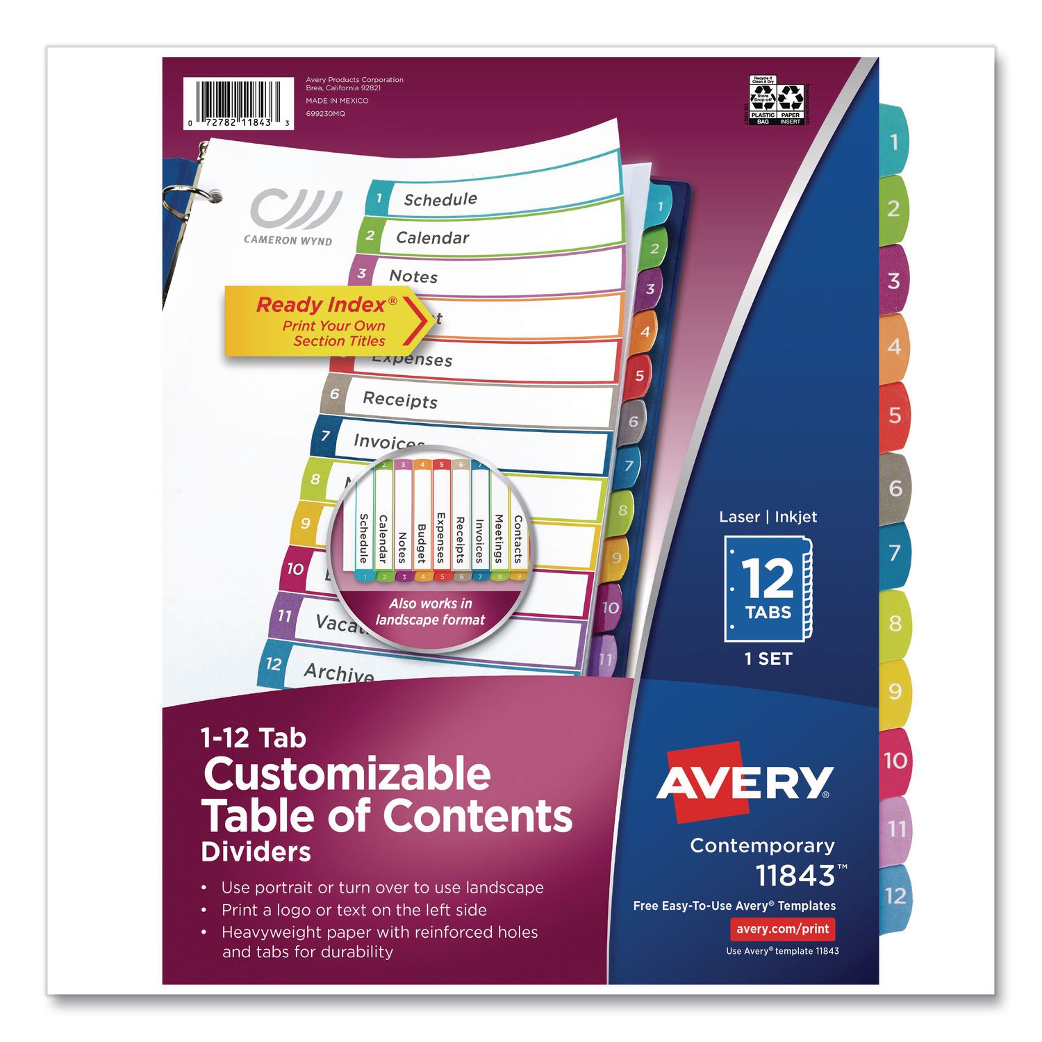 Customizable TOC Ready Index Multicolor Tab Dividers, 12-Tab, 1 to 12, 11 x 8.5, White, Contemporary Color Tabs, 1 Set