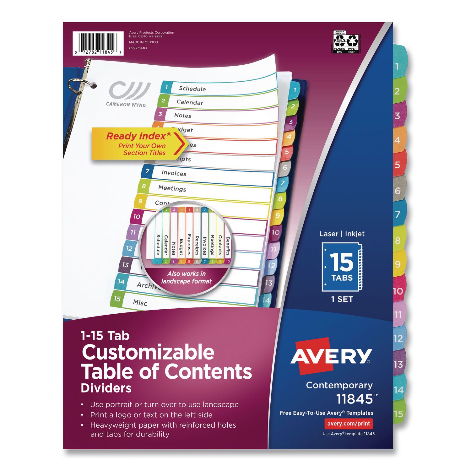 Customizable TOC Ready Index Multicolor Tab Dividers, 15-Tab, 1 to 15, 11 x 8.5, White, Contemporary Color Tabs, 1 Set