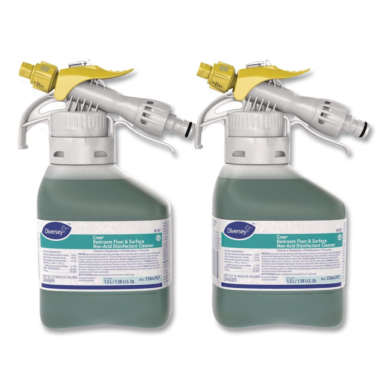 Crew Restroom Floor/Surface Non-Acid Disinfectant Cleaner, Fresh Scent, 1.5 L RTD Bottle, 2/Carton