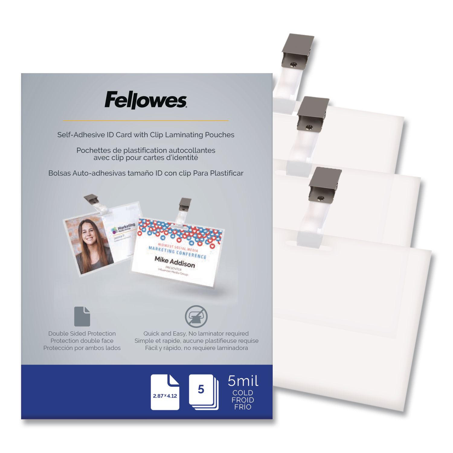 Self-Adhesive Laminating Pouches, With Badge Clips, 5 mil, 3.88 x 2.63, Gloss Clear, 5/Pack