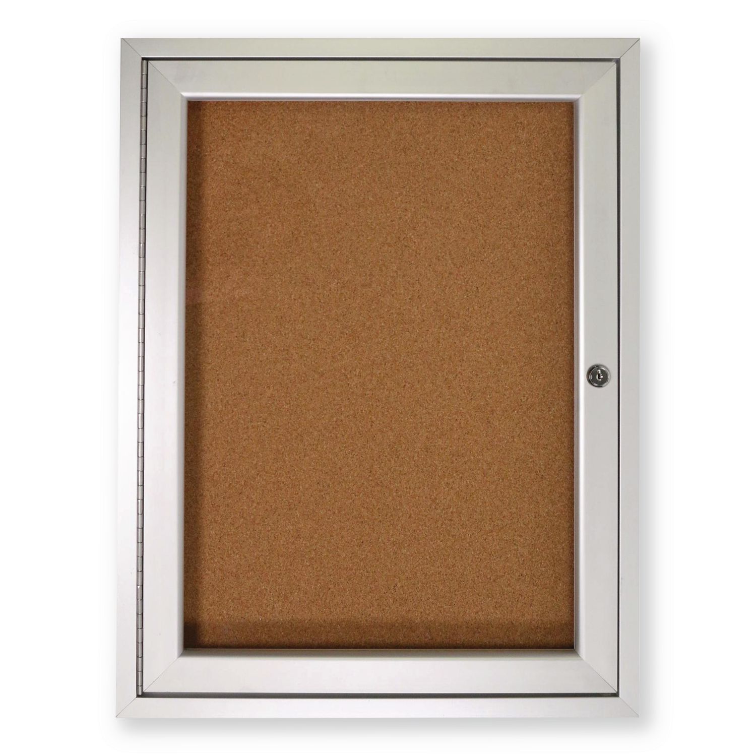 1 Door Enclosed Natural Cork Bulletin Board with Satin Frame, 18" x 24", Tan Surface, Satin Aluminum Frame