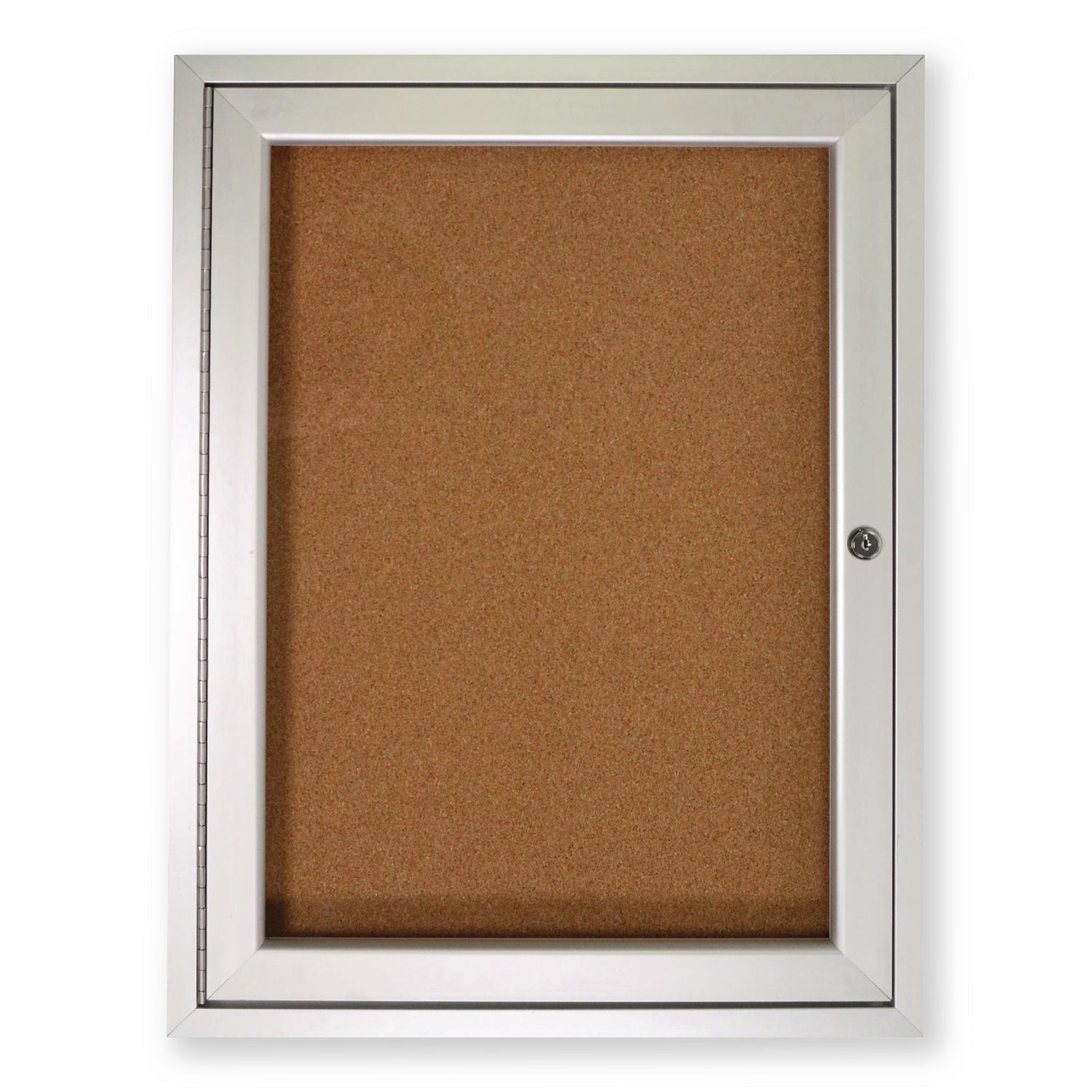 1 Door Enclosed Natural Cork Bulletin Board with Satin Frame, 30" x 36", Tan Surface, Satin Aluminum Frame