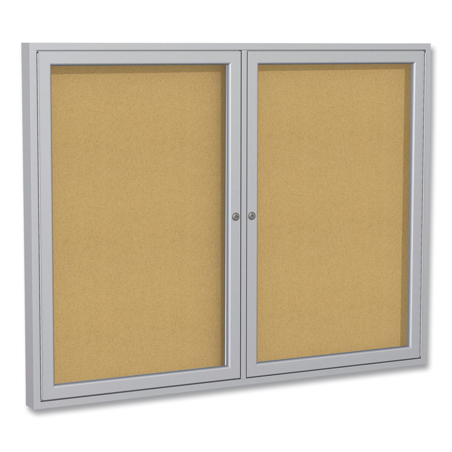 2 Door Enclosed Natural Cork Bulletin Board with Satin Frame, 60" x 48", Tan Surface, Satin Aluminum Frame