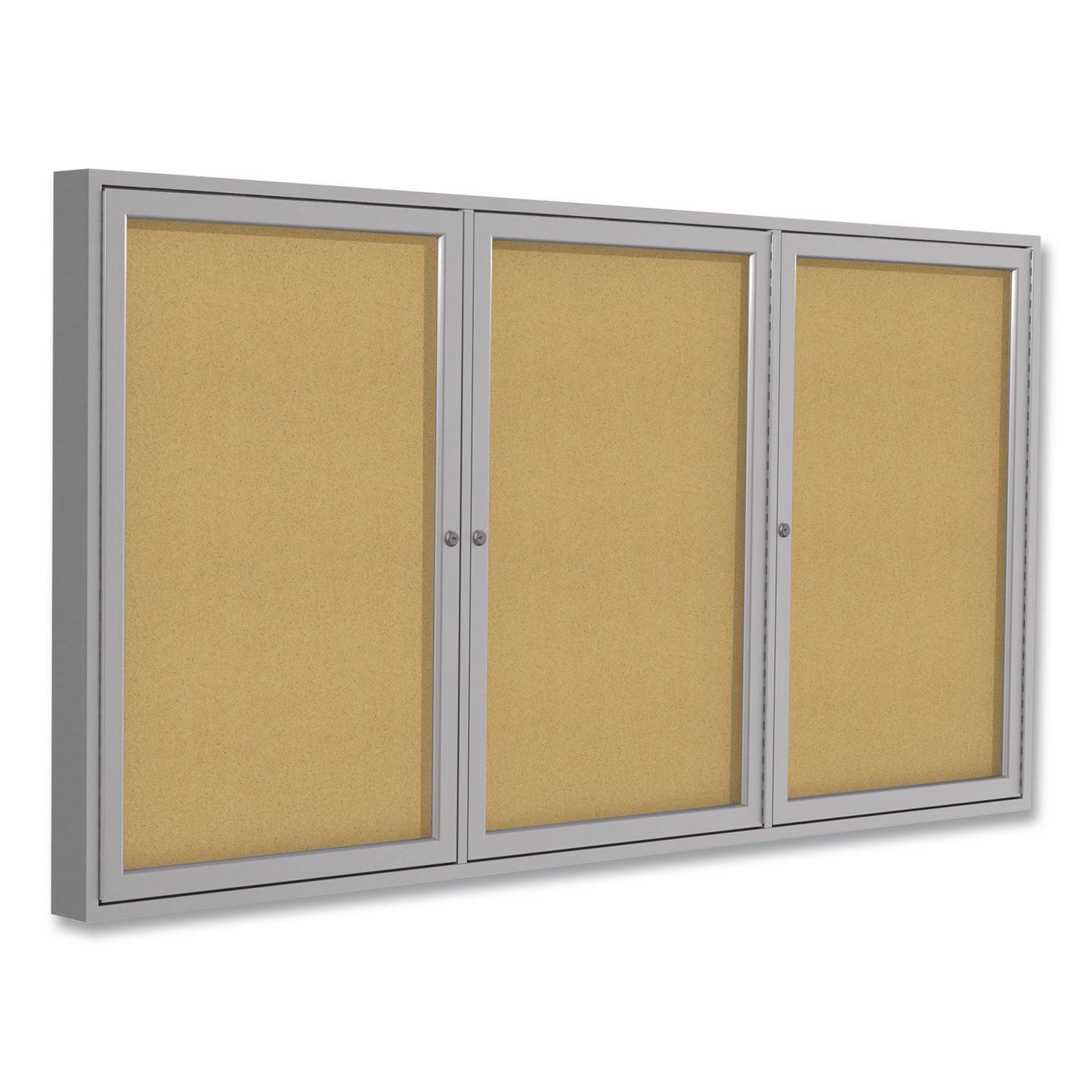 2 Door Enclosed Natural Cork Bulletin Board with Satin Frame, 72" x 36", Tan Surface, Satin Aluminum Frame