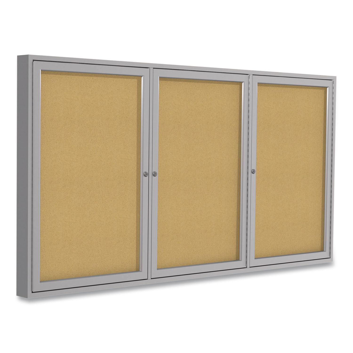 3 Door Enclosed Natural Cork Bulletin Board with Satin Frame, 72" x 48", Tan Surface, Satin Aluminum Frame