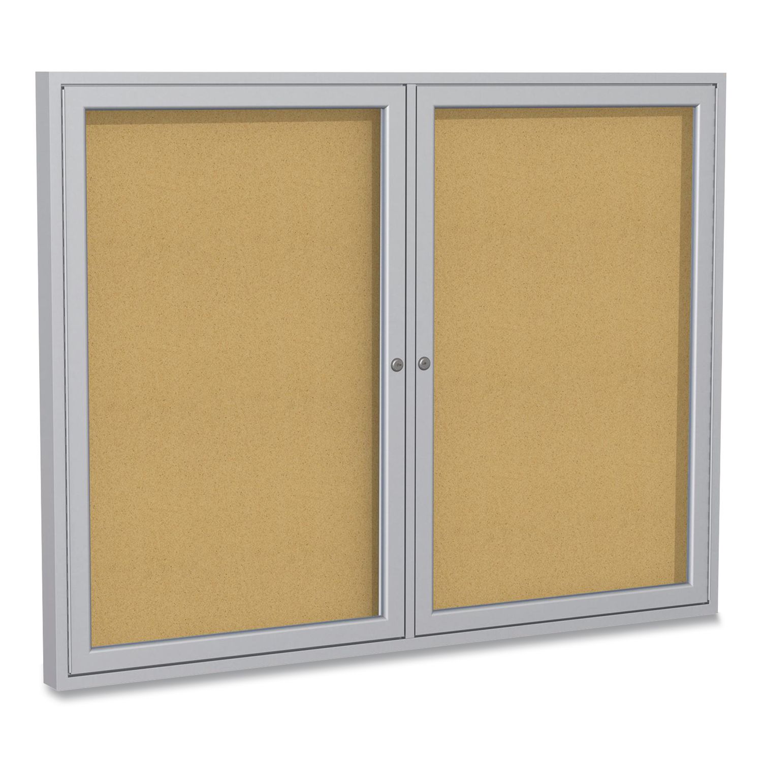 2 Door Enclosed Natural Cork Bulletin Board with Satin Frame, 60" x 36", Tan Surface, Satin Aluminum Frame