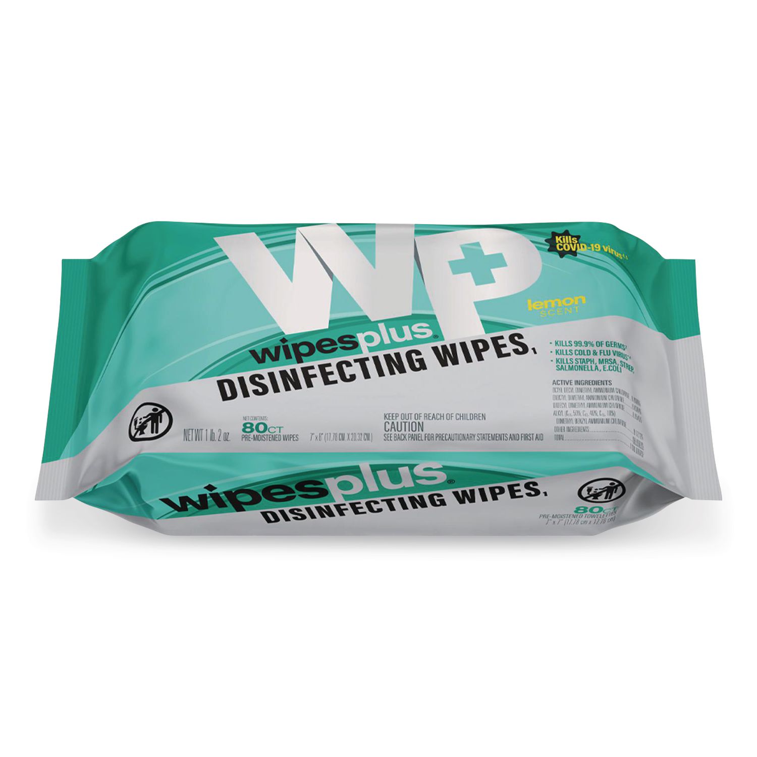 WipesPlus Disinfecting Surface Wipes, Flat Pack, 1-Ply, 7 x 8, Lemon Scent, White