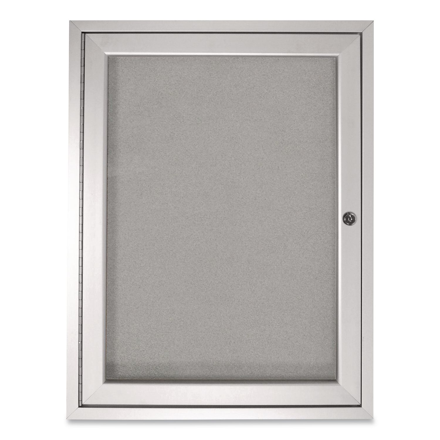 1 Door Enclosed Vinyl Bulletin Board with Satin Frame, 36" x 36", Silver Surface, Satin Aluminum Frame