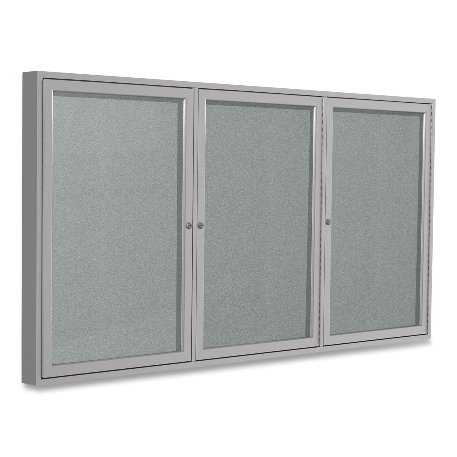 3 Door Enclosed Vinyl Bulletin Board with Satin Frame, 72" x 48", Silver Surface, Satin Aluminum Frame