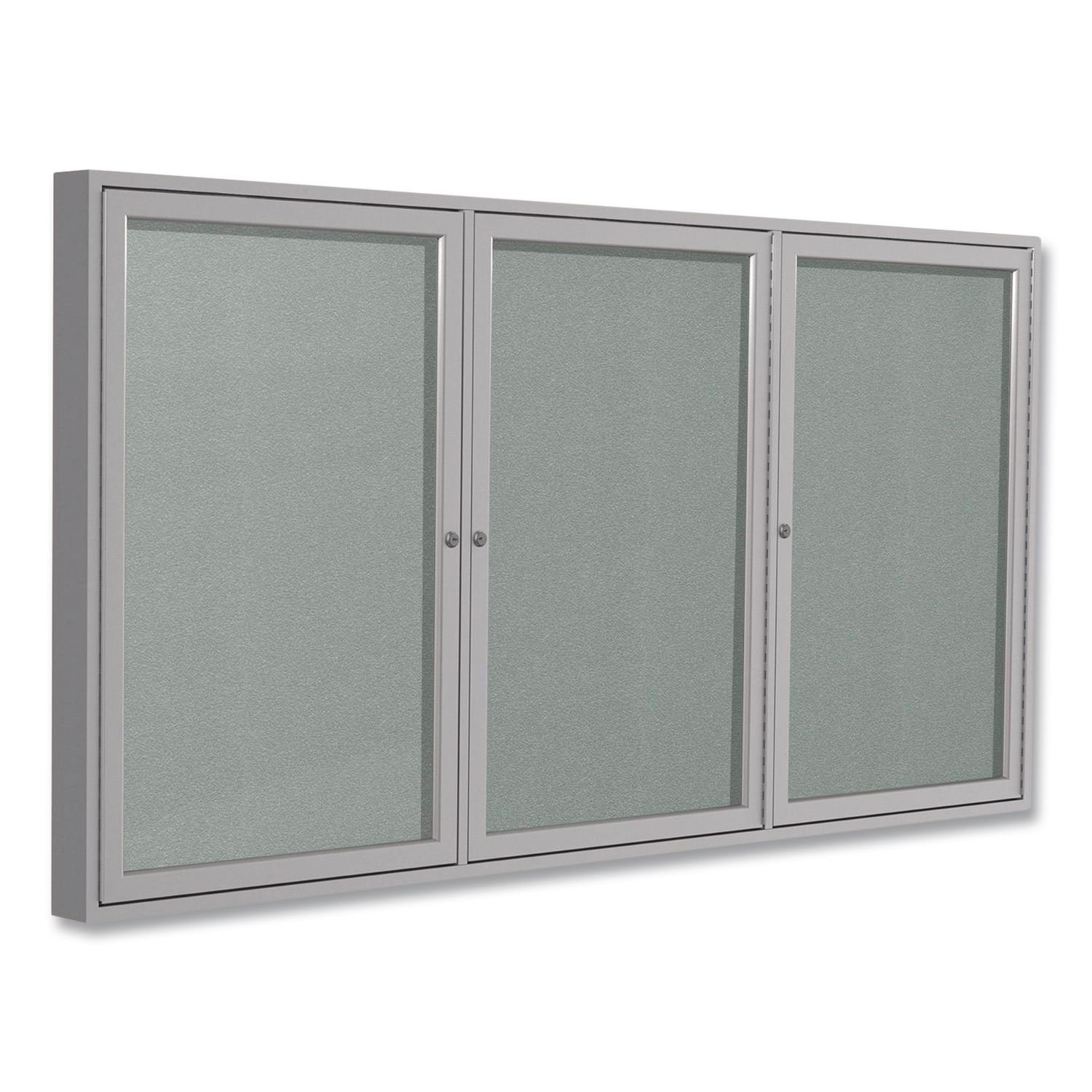 3 Door Enclosed Vinyl Bulletin Board with Satin Frame, 96" x 48", Silver Surface, Satin Aluminum Frame