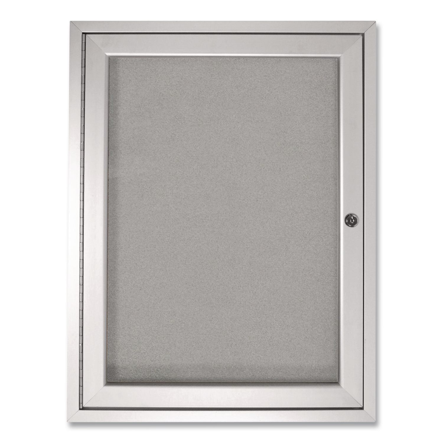 1 Door Enclosed Vinyl Bulletin Board with Satin Frame, 24" x 36", Silver Surface, Satin Aluminum Frame