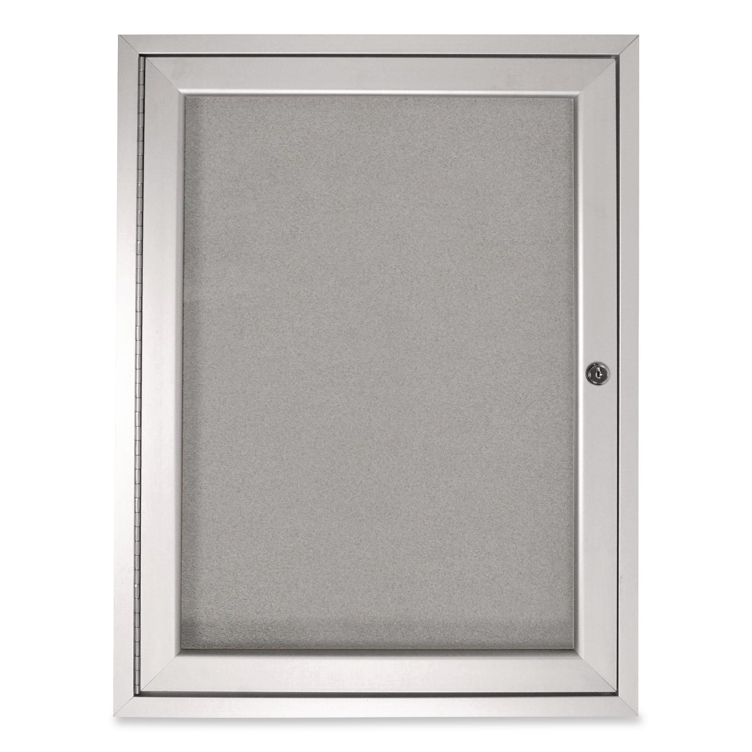 1 Door Enclosed Vinyl Bulletin Board with Satin Frame, 30" x 36", Silver Surface, Satin Aluminum Frame