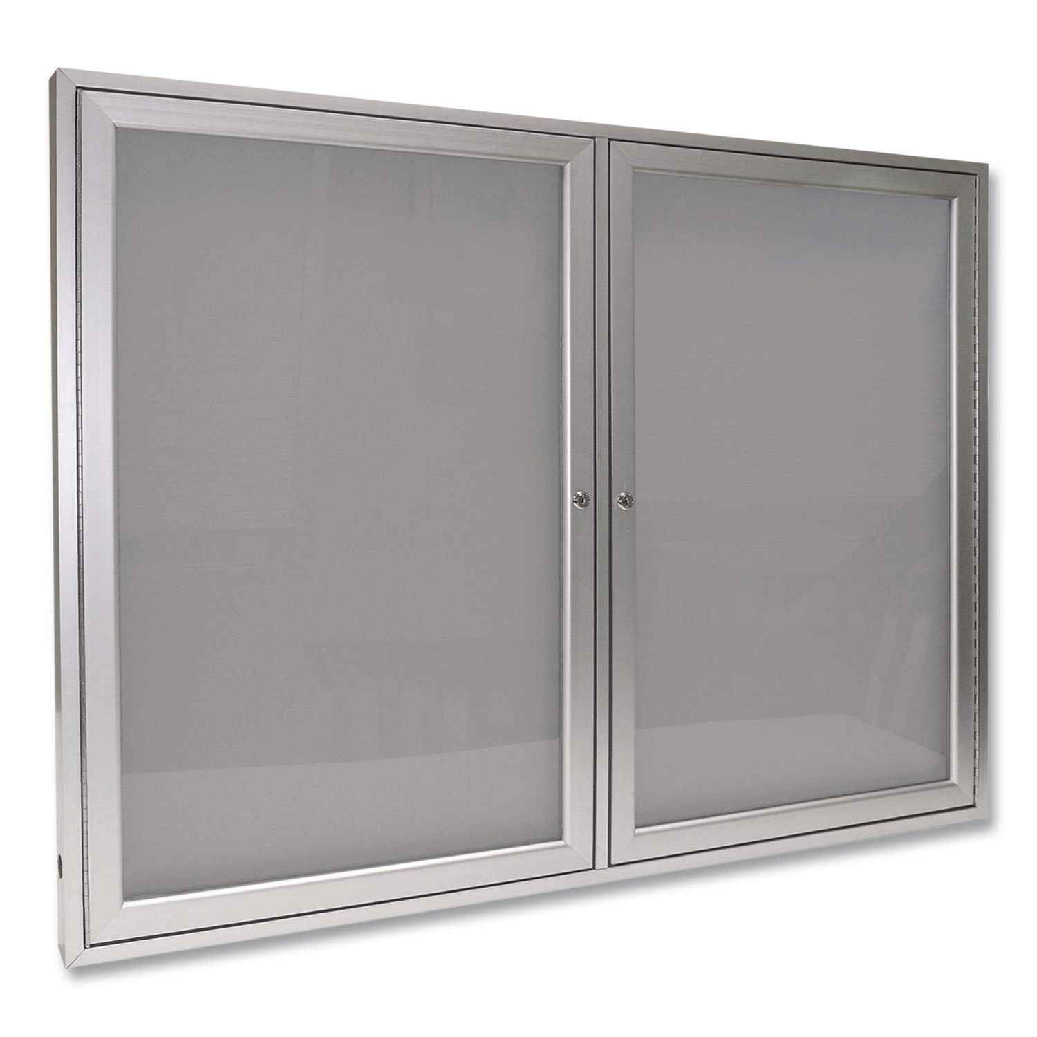 2 Door Enclosed Vinyl Bulletin Board with Satin Frame, 48" x 36", Silver Surface, Satin Aluminum Frame