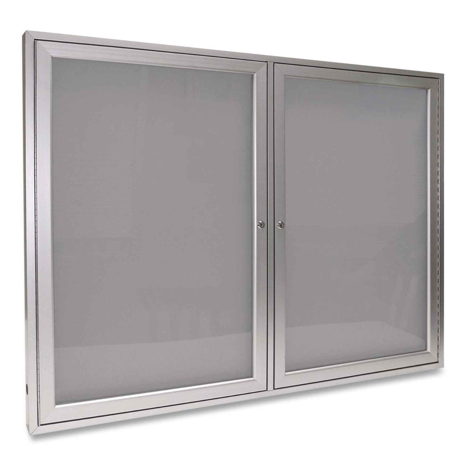 2 Door Enclosed Vinyl Bulletin Board with Satin Frame, 60" x 36", Silver Surface, Satin Aluminum Frame