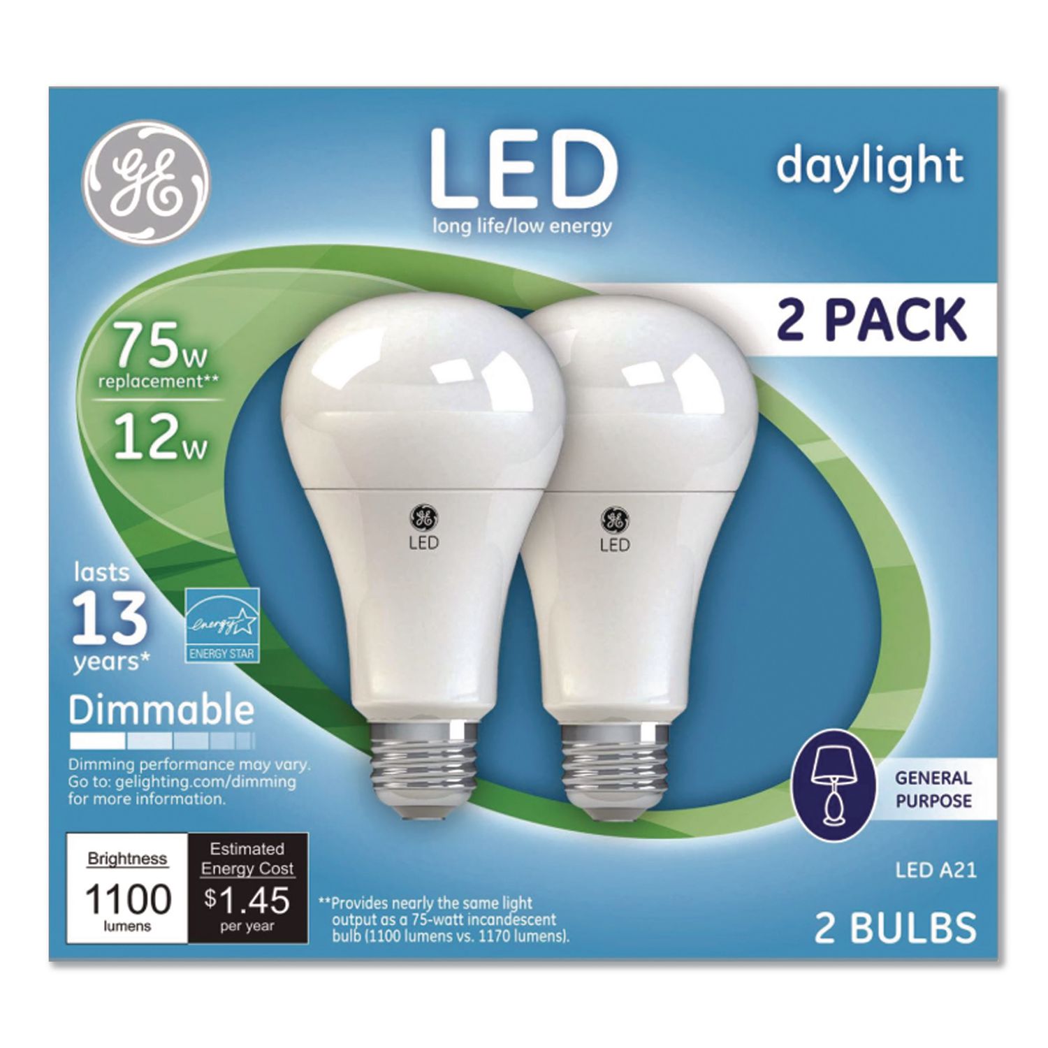 LED Dimmable A21 Light Bulb, 12 W, Daylight, 2/Pack