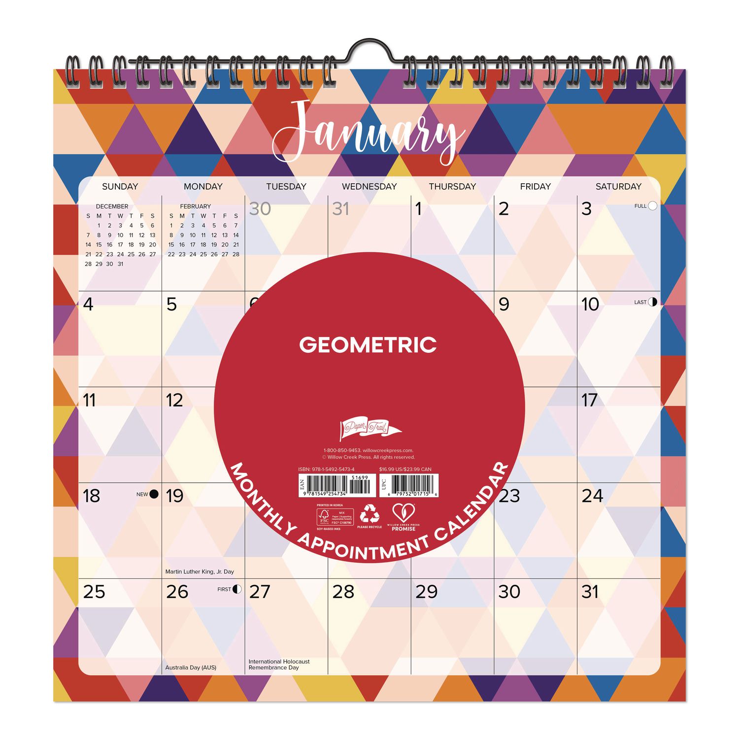 Geometric 2026 Spiral Wall Calendar, Geometric Artwork, 12 x 12, Multicolor Sheets, 12-Month (Jan to Dec): 2026