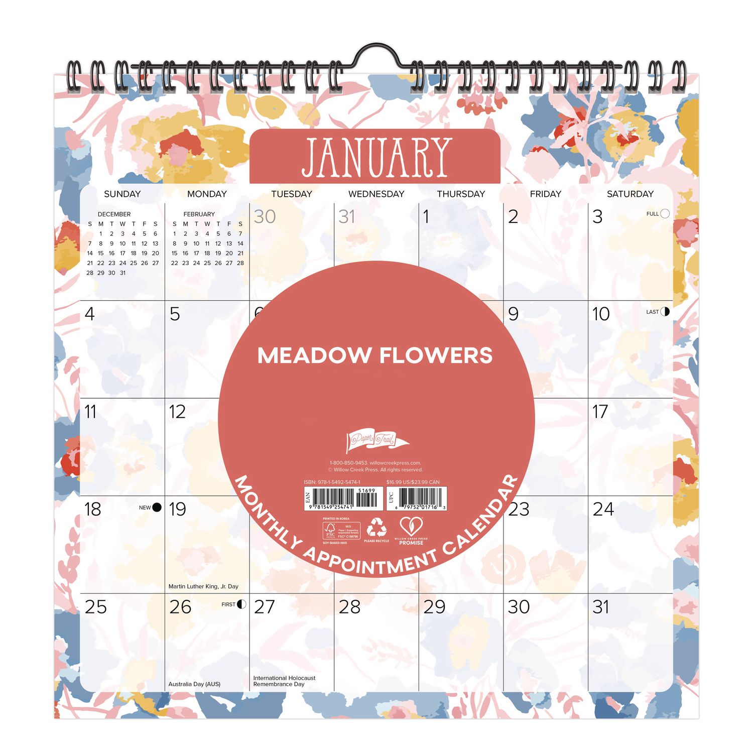 Meadow Flowers 2026 Spiral Wall Calendar, Floral Artwork, 12 x 12, Multicolor Sheets, 12-Month (Jan to Dec): 2026