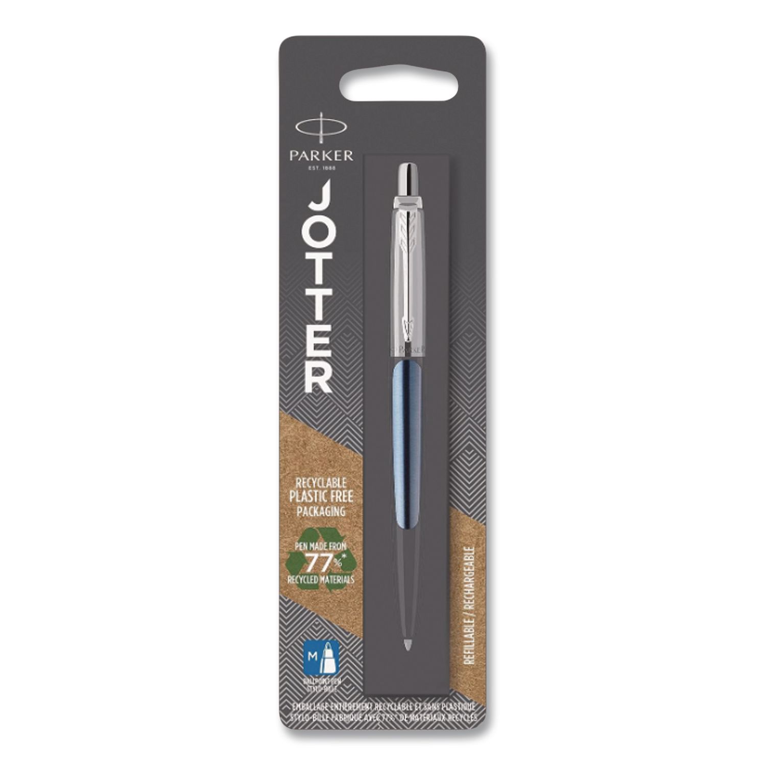 Jotter Ballpoint Pen, Retractable, Medium 0.7 mm, Blue Ink, Waterloo Blue/Chrome Barrel