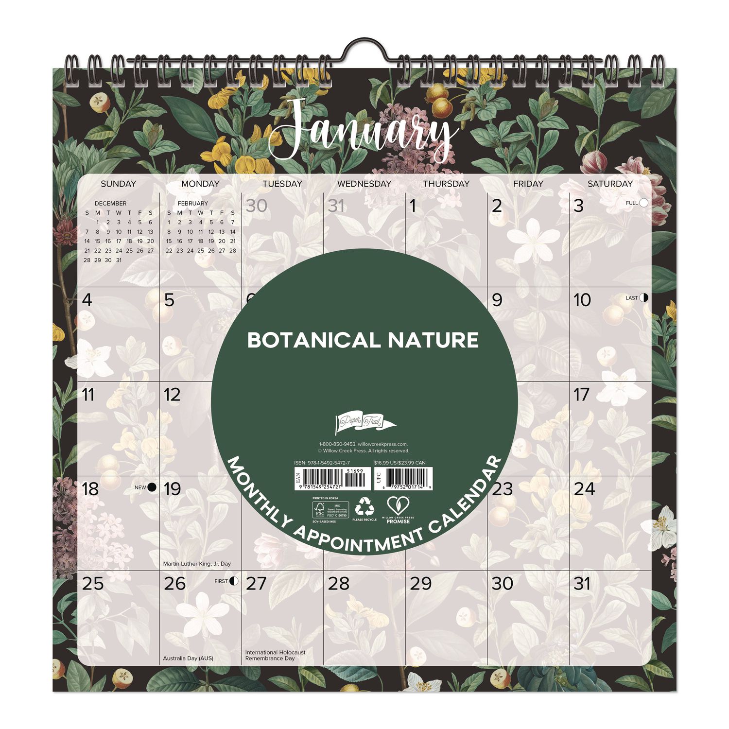 Botanical Nature 2026 Spiral Wall Calendar, Botanic Artwork, 12 x 12, Multicolor Sheets, 12-Month (Jan to Dec): 2026