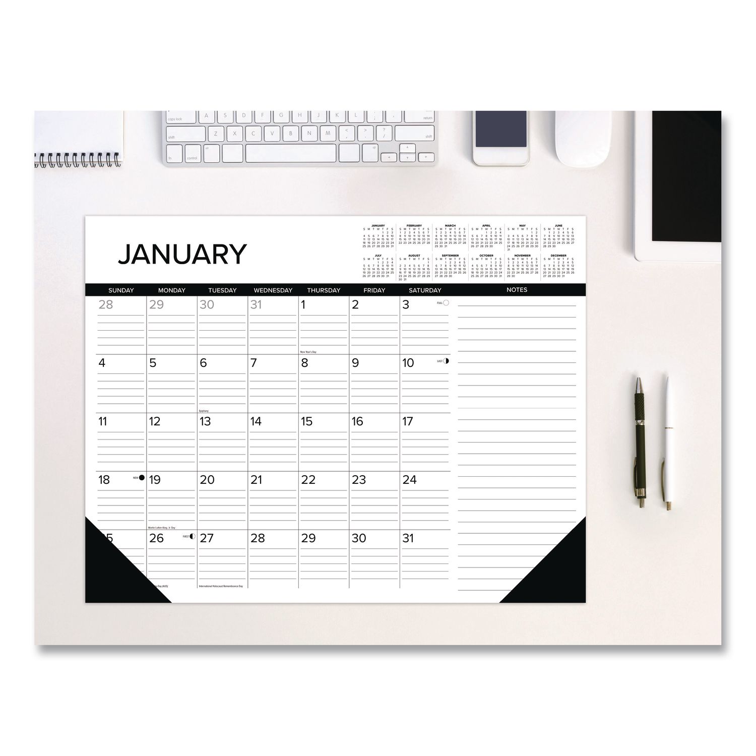 Black-and-White with Lines Large Monthly Desk Pad Calendar, 22 x 17, White Sheets, Black Corners, 12-Month (Jan to Dec): 2026