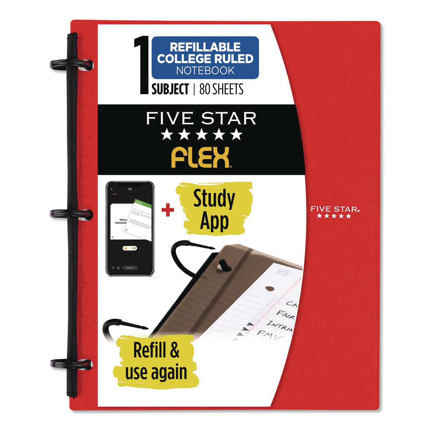FLEX Notebinder, 1/2" TechLock Rings, 1-Subject, Medium/College Rule, Randomly Assorted Cover Colors, (80) 11 x 8.5 Sheets