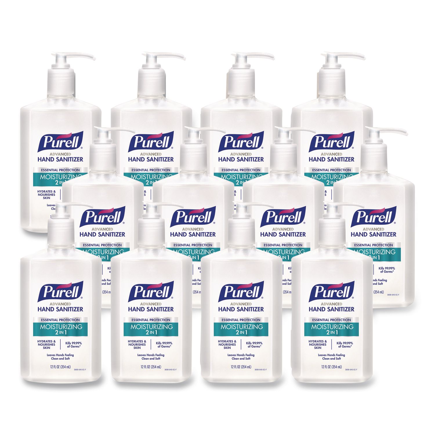 2 in 1 Moisturizing Advanced Hand Sanitizer Gel, 12 oz Pump Bottle, Clean Scent, 12/Carton