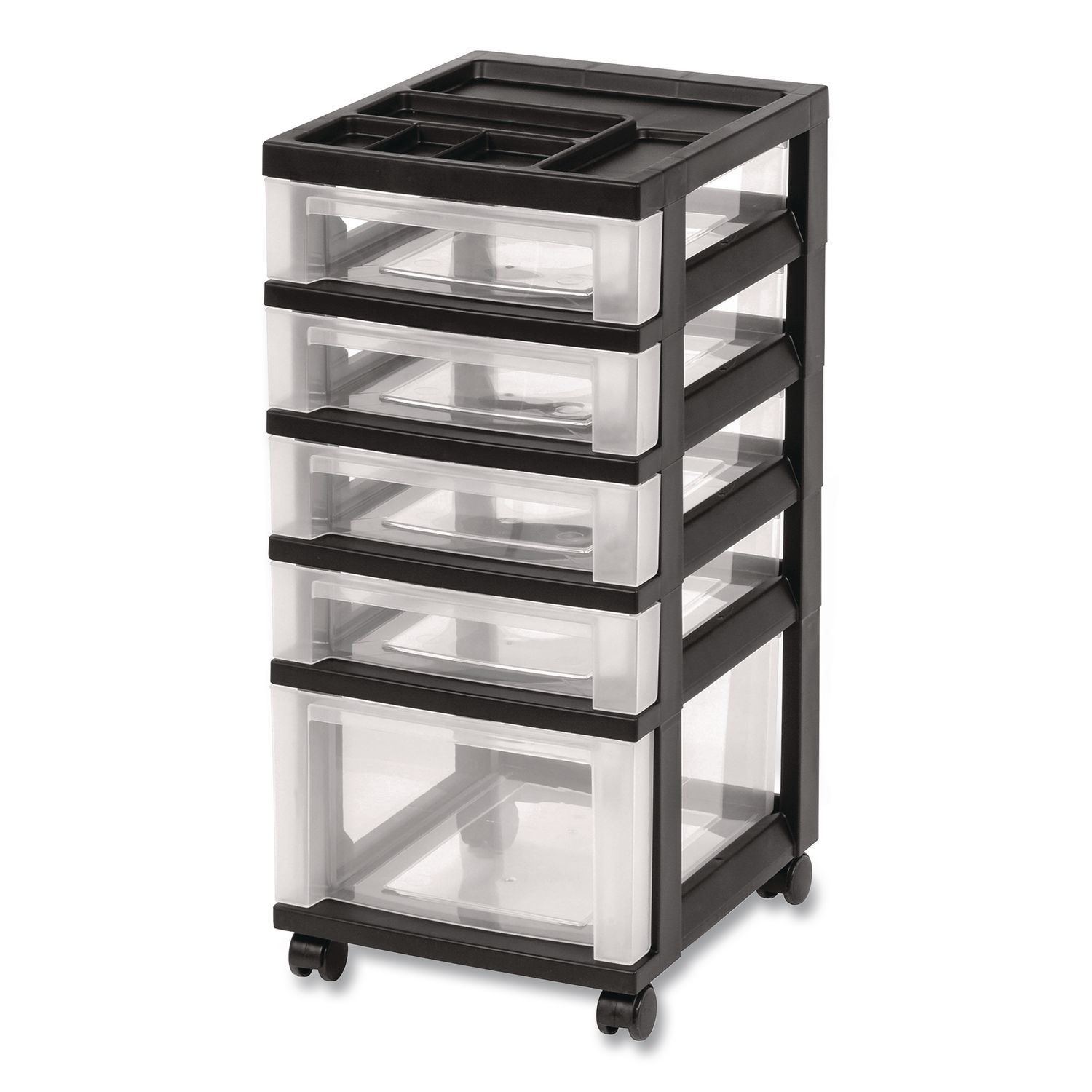 Five-Drawer Rolling Cart with Organizer Top, Plastic, 12.13 x 14.38 x 26.38, Clear/Black