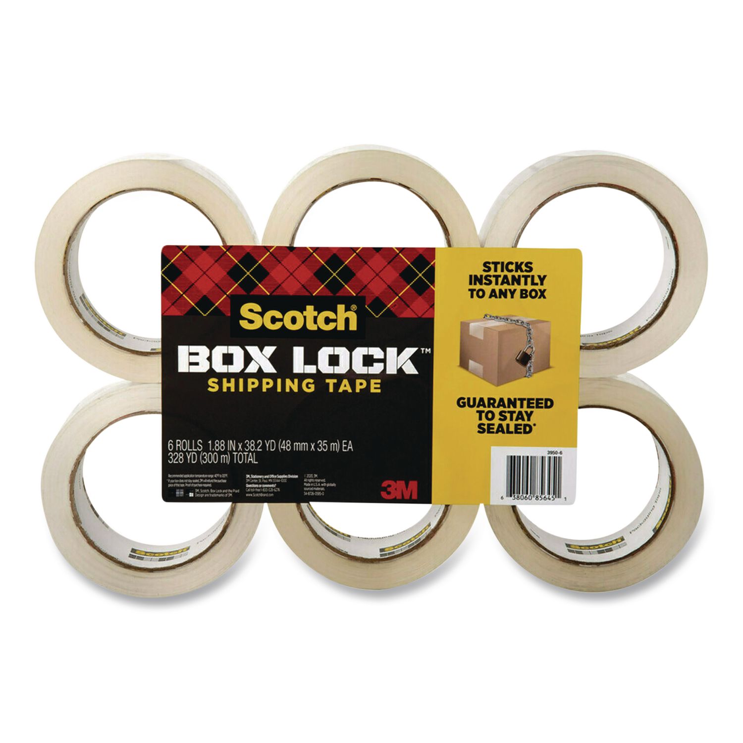 BOX LOCK Shipping Tape, 3" Core, 1.88" x 38.2 yds, Clear, 6/Pack