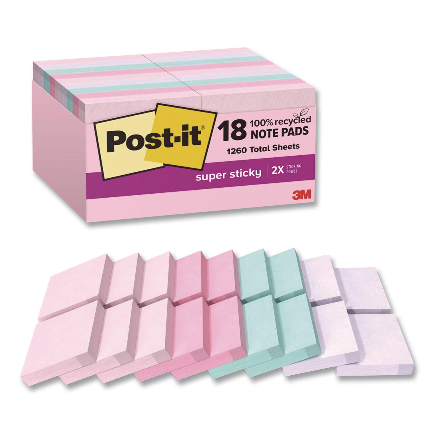 Recycled Notes in Wanderlust Pastels Collection Colors, 1.88" x 1.88", Assorted Colors, 70 Sheets/Pad, 18 Pads/Pack