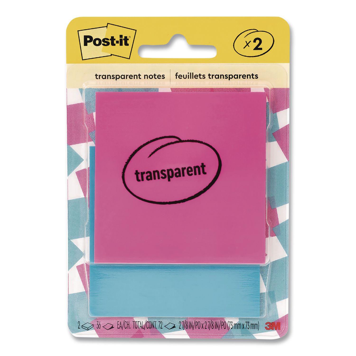 Transparent Notes, 2.88" x 2.88", Assorted Colors, 36 Sheets/Pad, 2 Pads/Pack