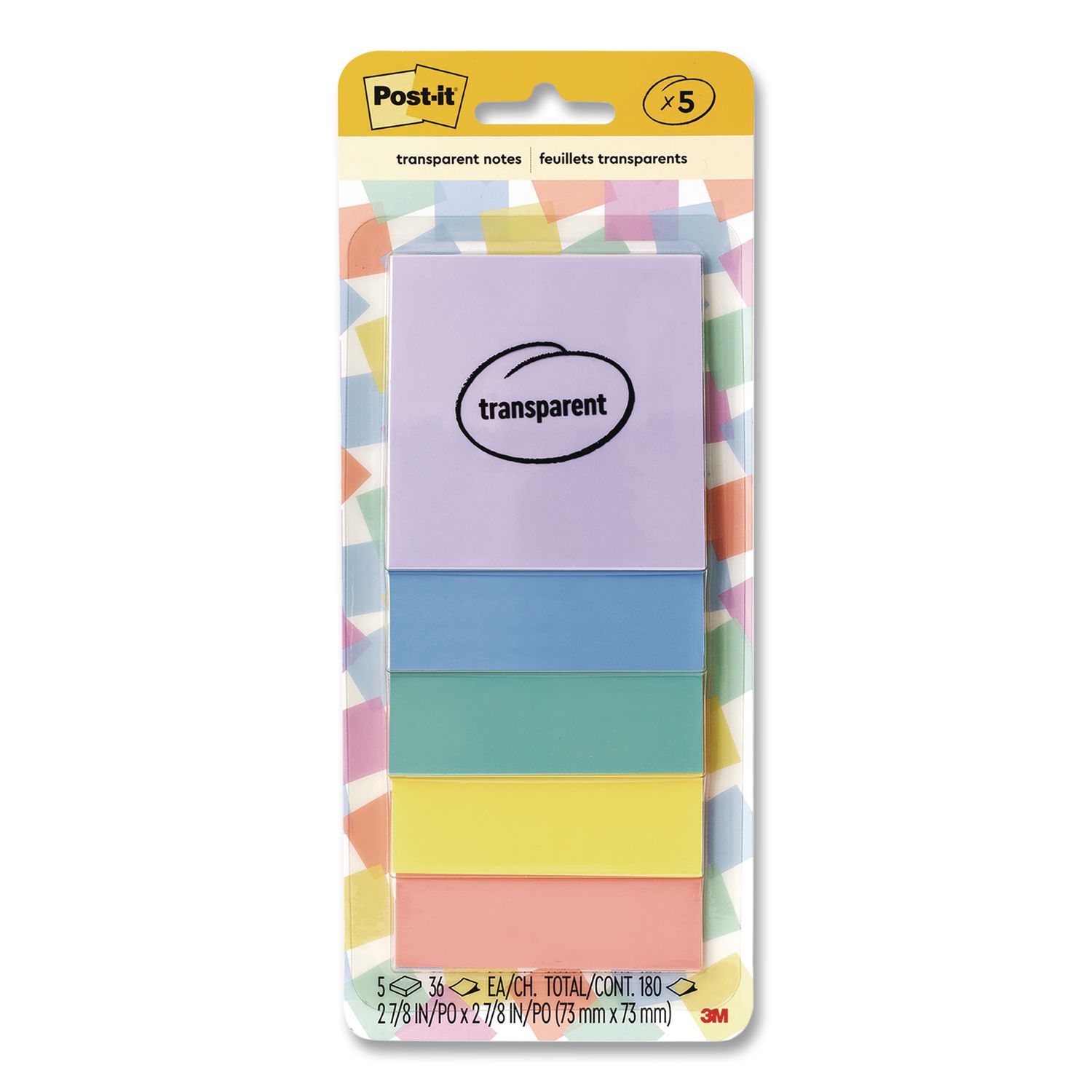 Transparent Notes, 2.88" x 2.88", Assorted Pastel Colors, 36 Sheets/Pad, 5 Pads/Pack