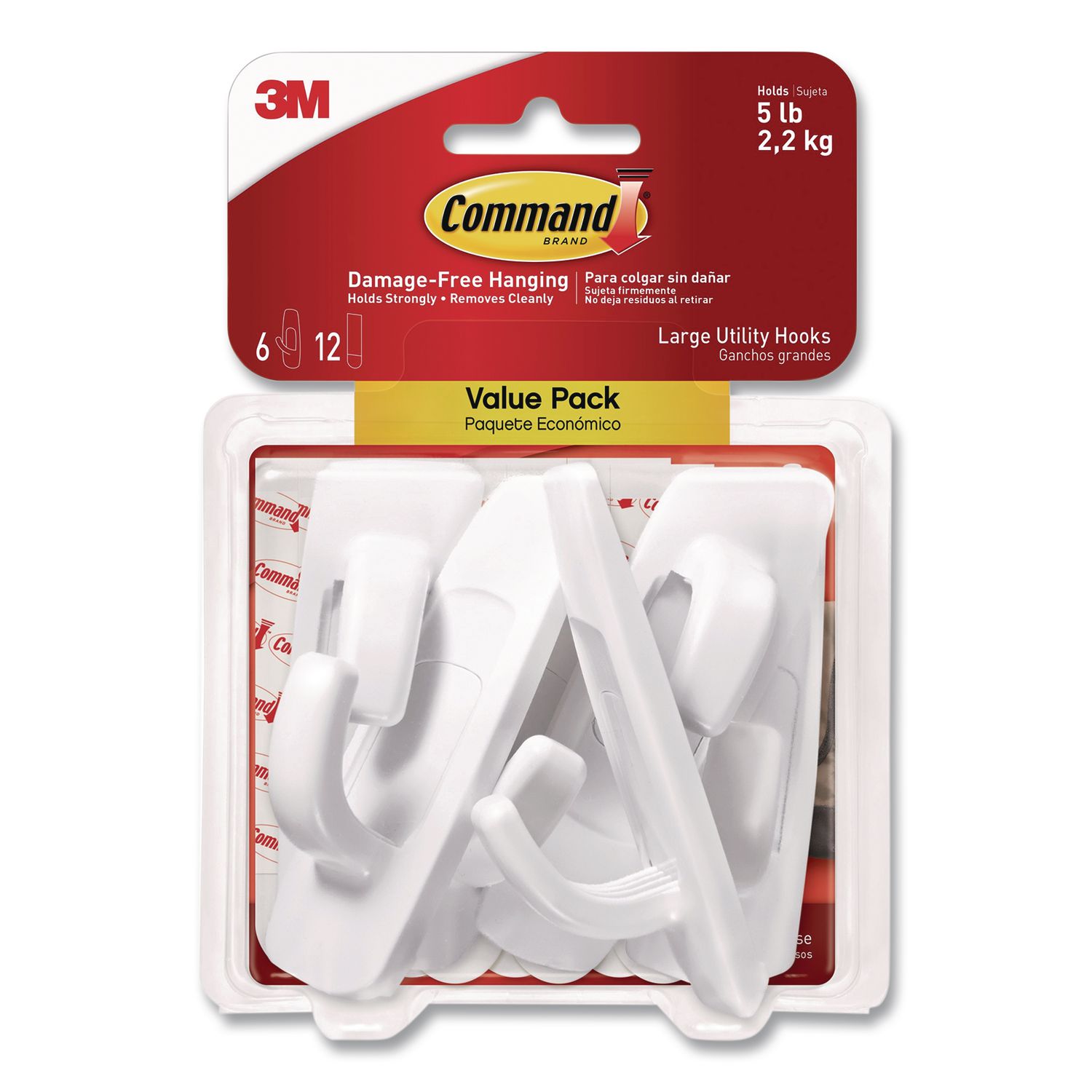 Large Utility Hooks, Plastic, White, Supports 5 lb, 6/Pack