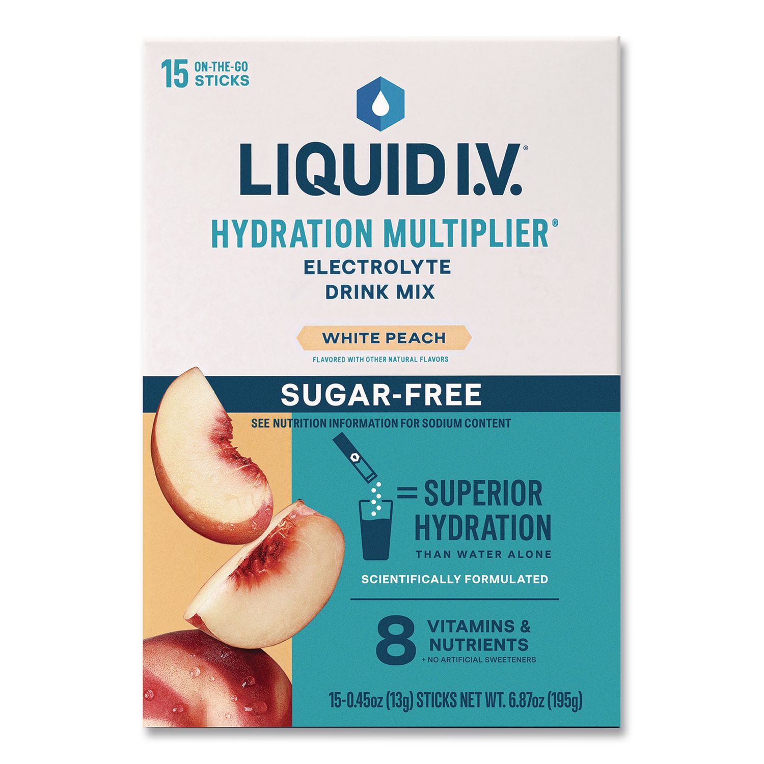 Sugar-Free Hydration Multiplier, 0.45 oz Stick, Sugar-Free White Peach, 15/Pack