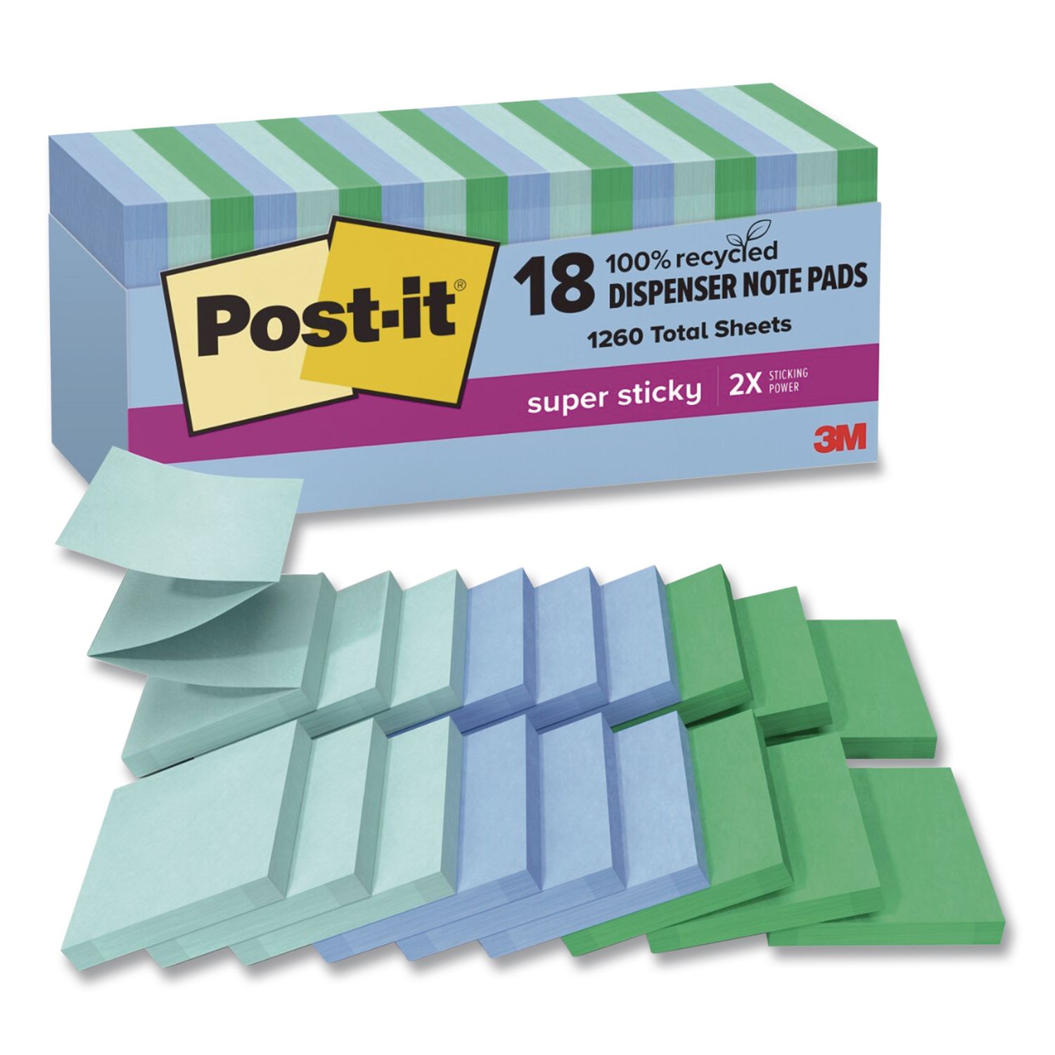 Recycled Pop-up Notes in Oasis Collection Colors, Cabinet Pack, 3" x 3", Assorted Colors, 70 Sheets/Pad, 18 Pads/Pack