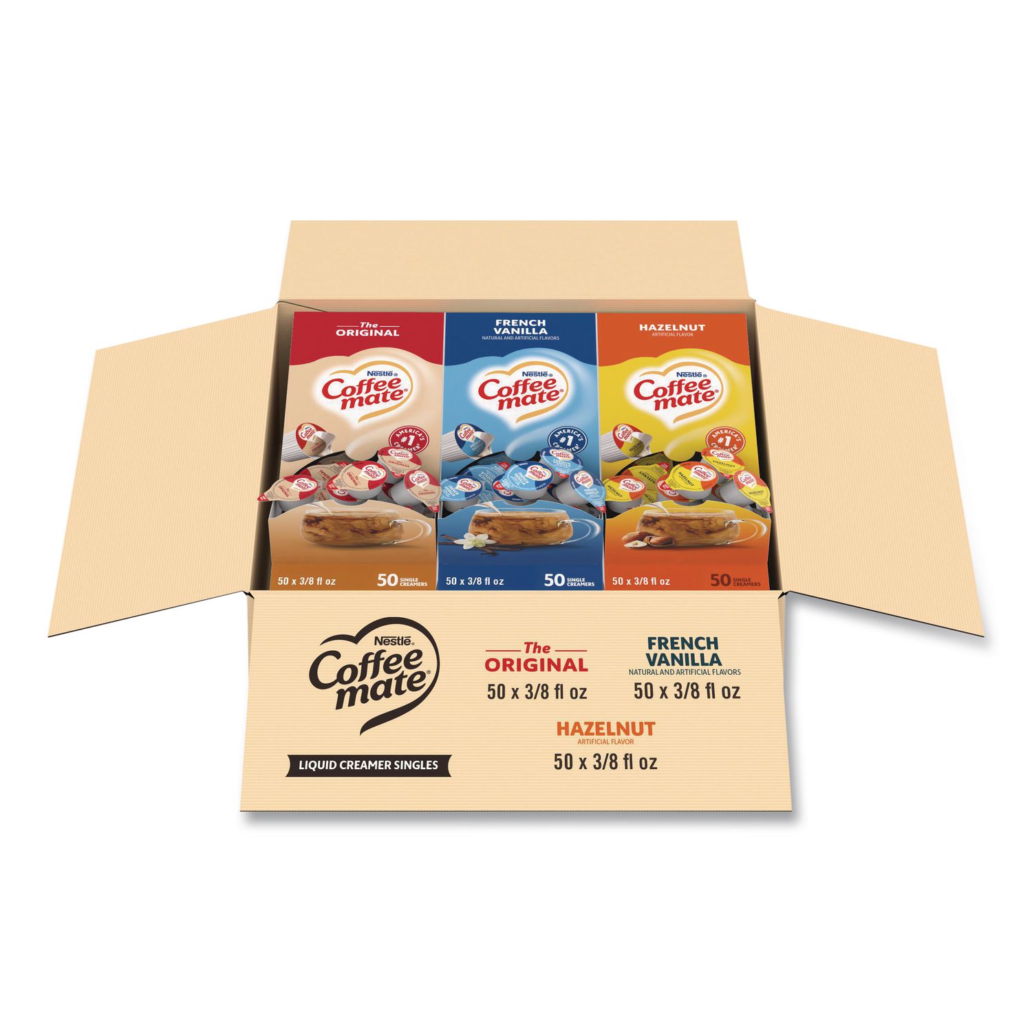 Liquid Coffee Creamer, Assorted Flavors, 0.38 oz Mini Cups, 150/Carton