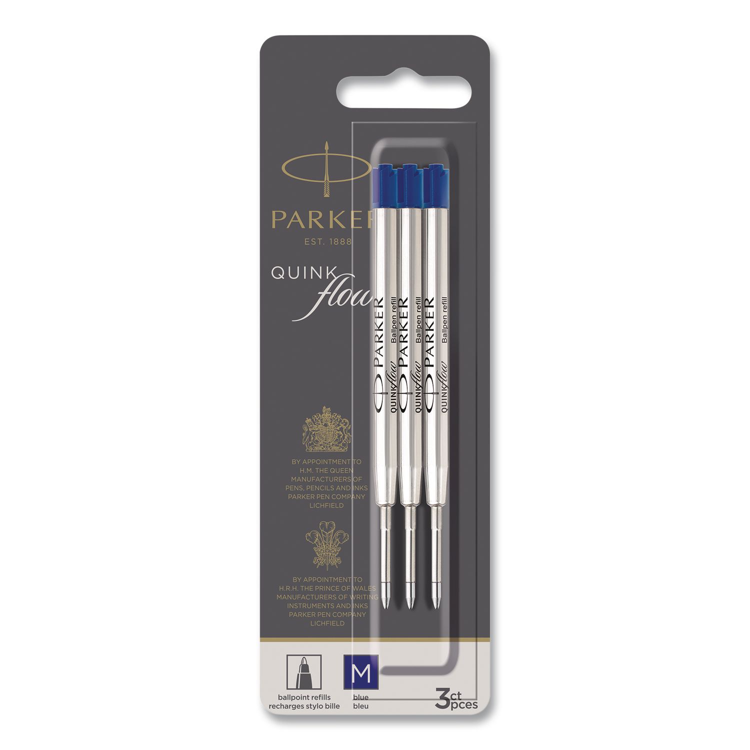 Quinkflow Refill for Parker Ballpoint Pen, Medium Conical Tip, Blue Ink, 3/Pack