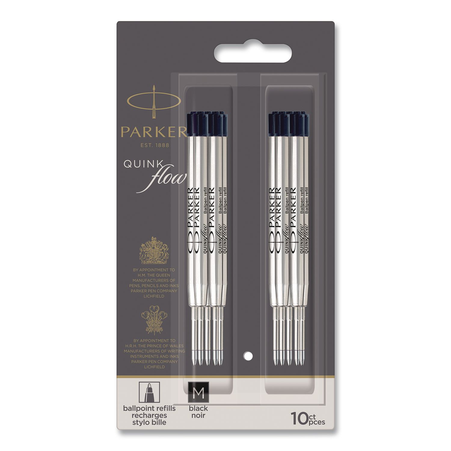 Quinkflow Refill for Parker Ballpoint Pen, Medium Conical Tip, Black Ink, 10/Pack