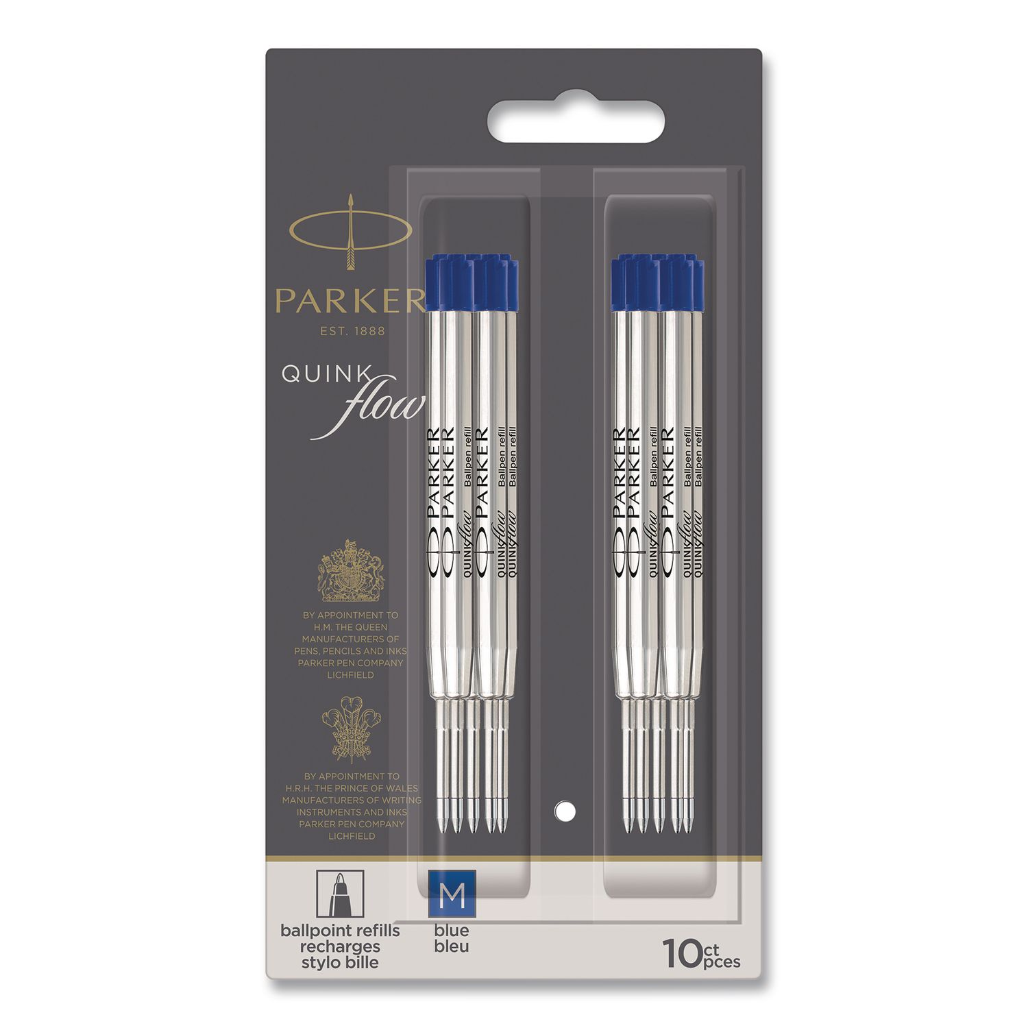 Quinkflow Refill for Parker Ballpoint Pen, Medium Conical Tip, Blue Ink, 10/Pack