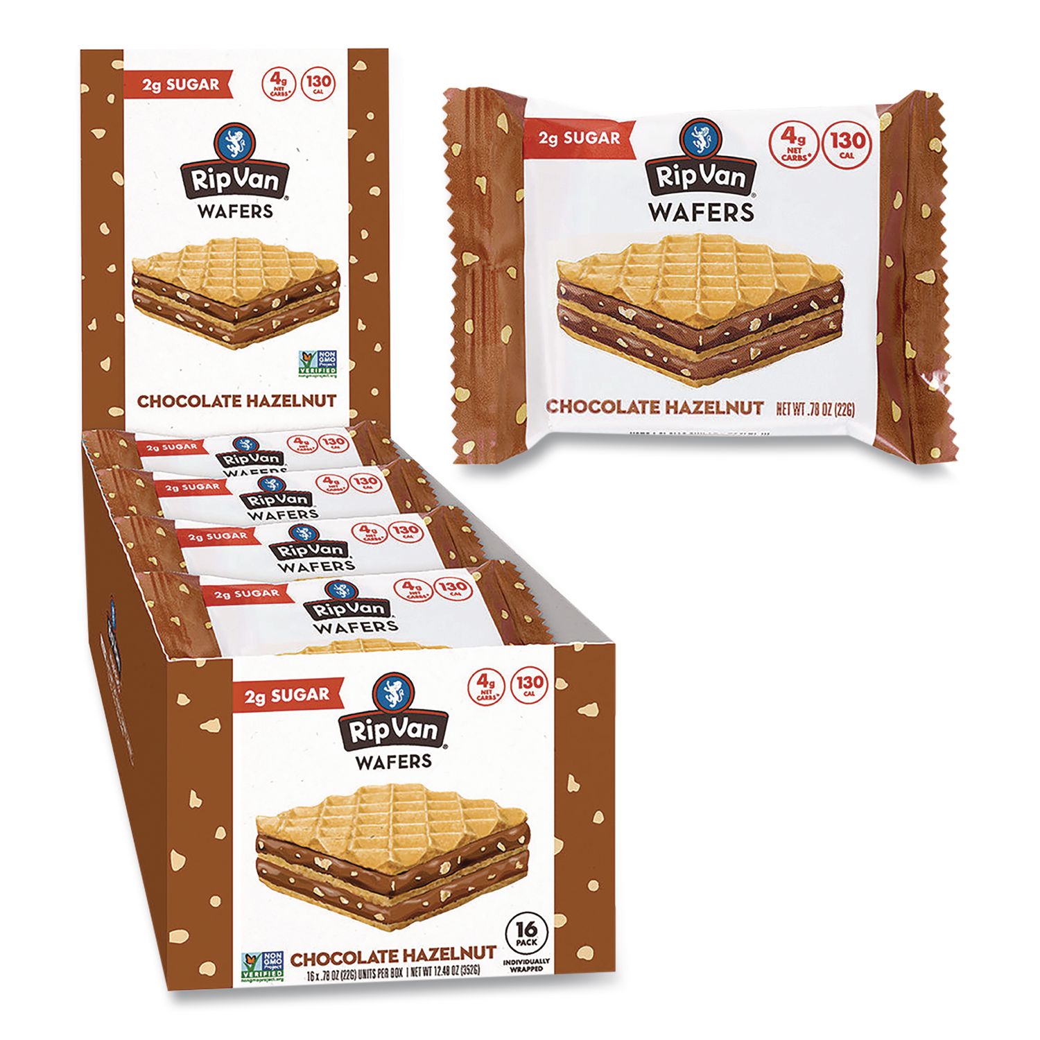 Wafers, Chocolate Hazelnut, 0.78 oz Packet, 16/Box